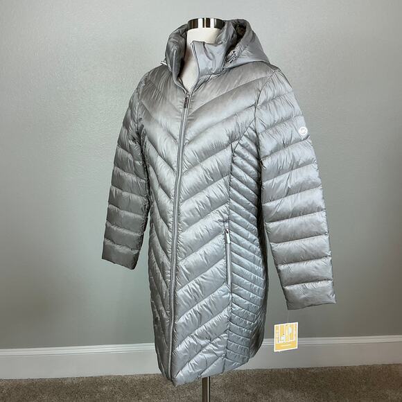 Michael Kors Quilted Puffer Coat Size Large Gray Mid Length Packable Jacket - Picture 4 of 11
